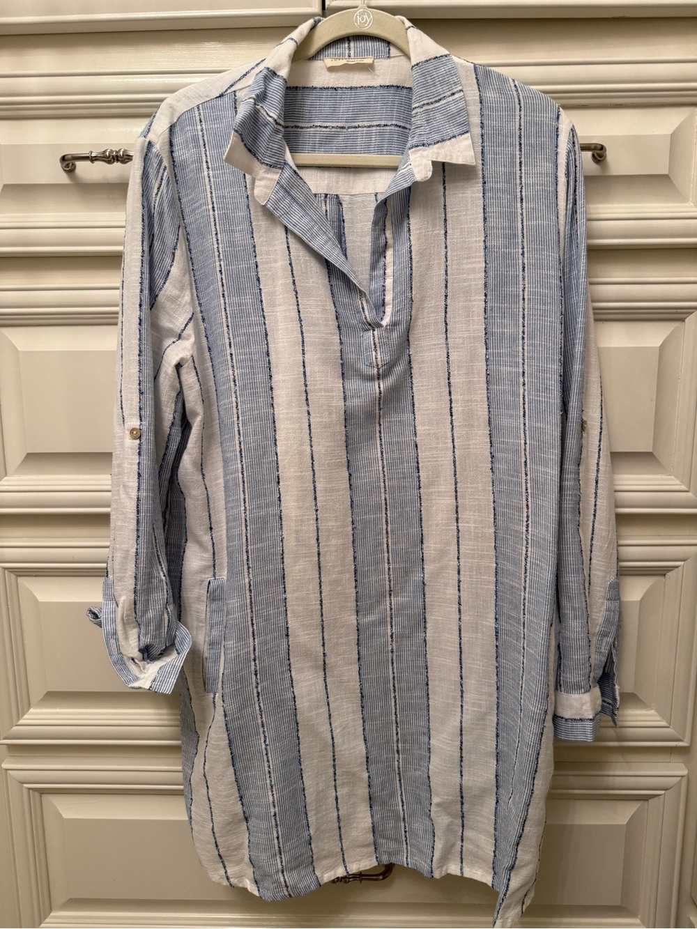 lovestitch Blue and White Vertical Stripe Button-Down Tunic